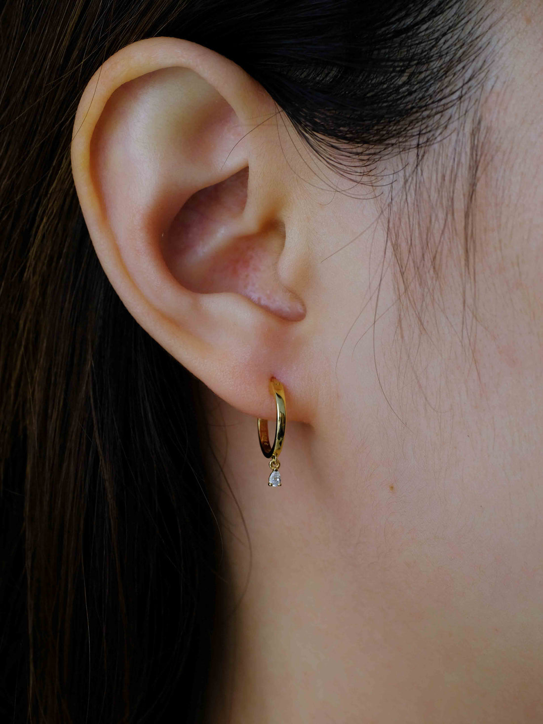 Drop Diamond Hoop Earrings, 18k solid gold
