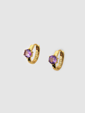 Round Amethyst Crystal Hoop Earrings, 18k solid gold