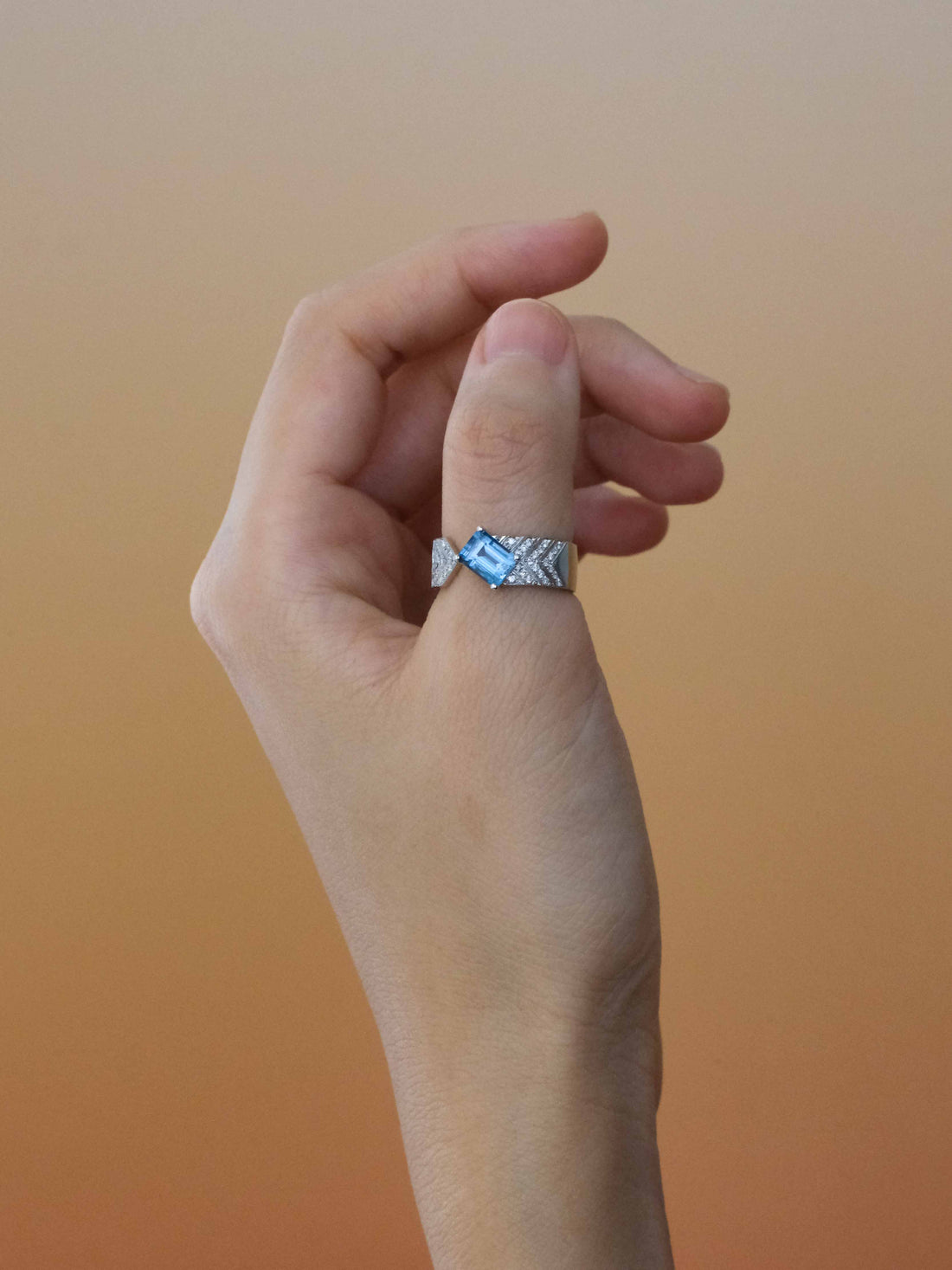 Octagonal Aquamarine and Diamond Band Ring, 18k solid white gold