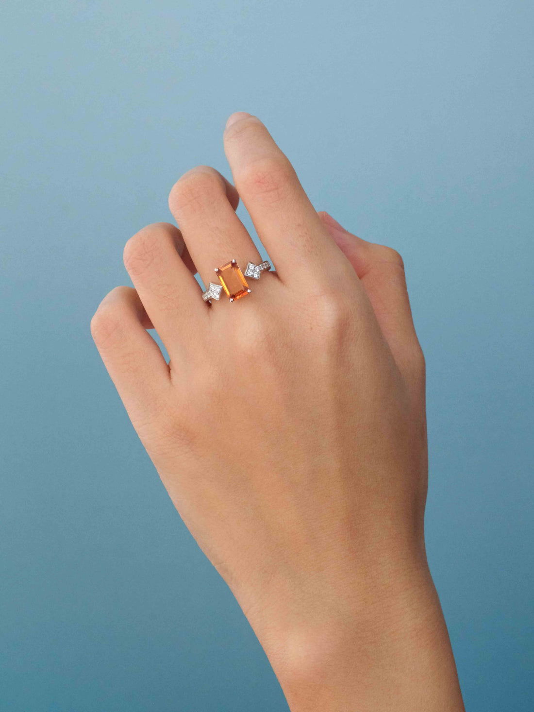 Orange Sapphire Octagonal Diamond Ring, 18k solid gold