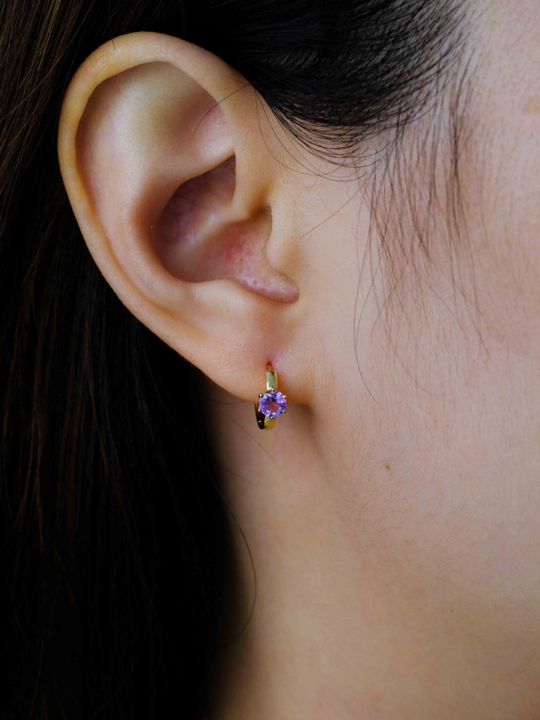 Round Amethyst Crystal Hoop Earrings, 18k solid gold