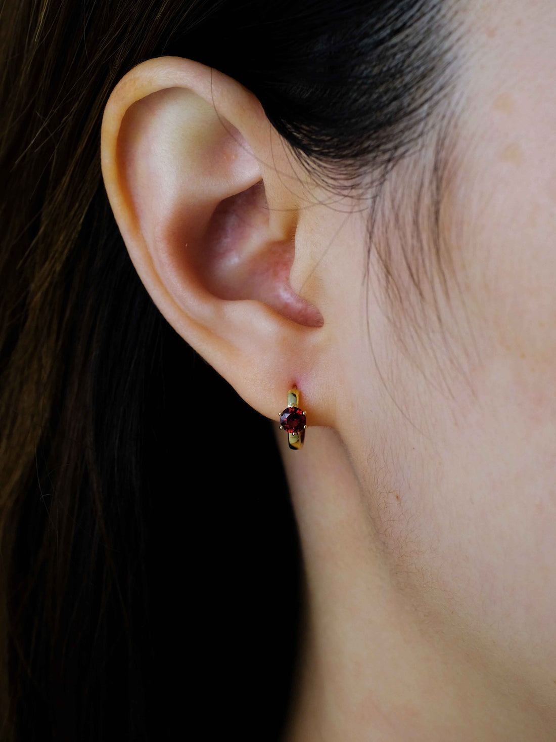 Round Garnet Hoop Earrings, 18k solid gold