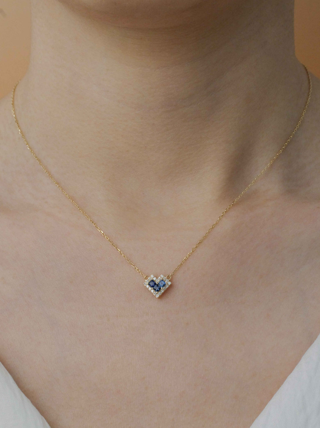 Sapphire Diamond Heart Necklace, 18k solid gold