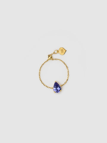 Drop Tanzanite Adjustable Chain Ring, 18k solid gold