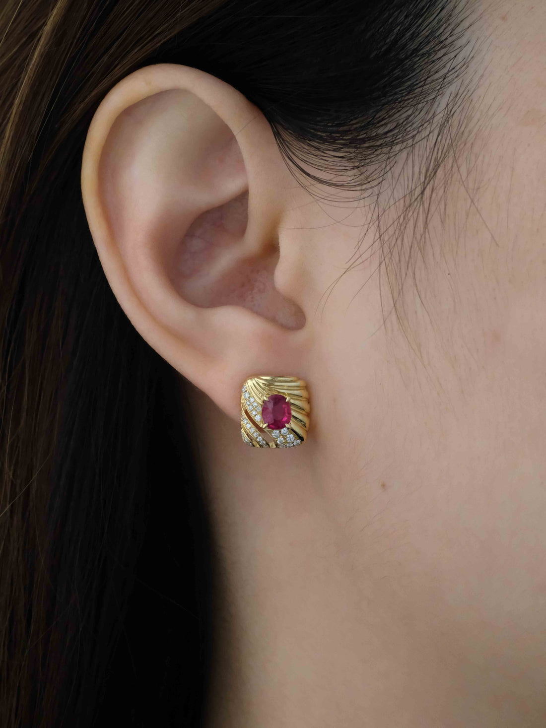 Vintage Oval Ruby Diamond Earrings, 18k solid gold