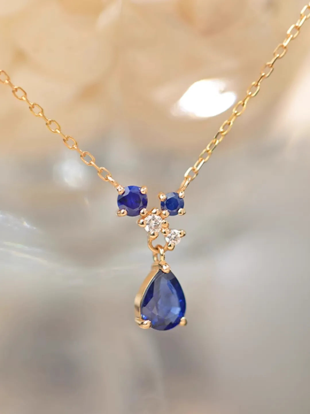 drop sapphire diamond necklace in 14k or 18k solid gold