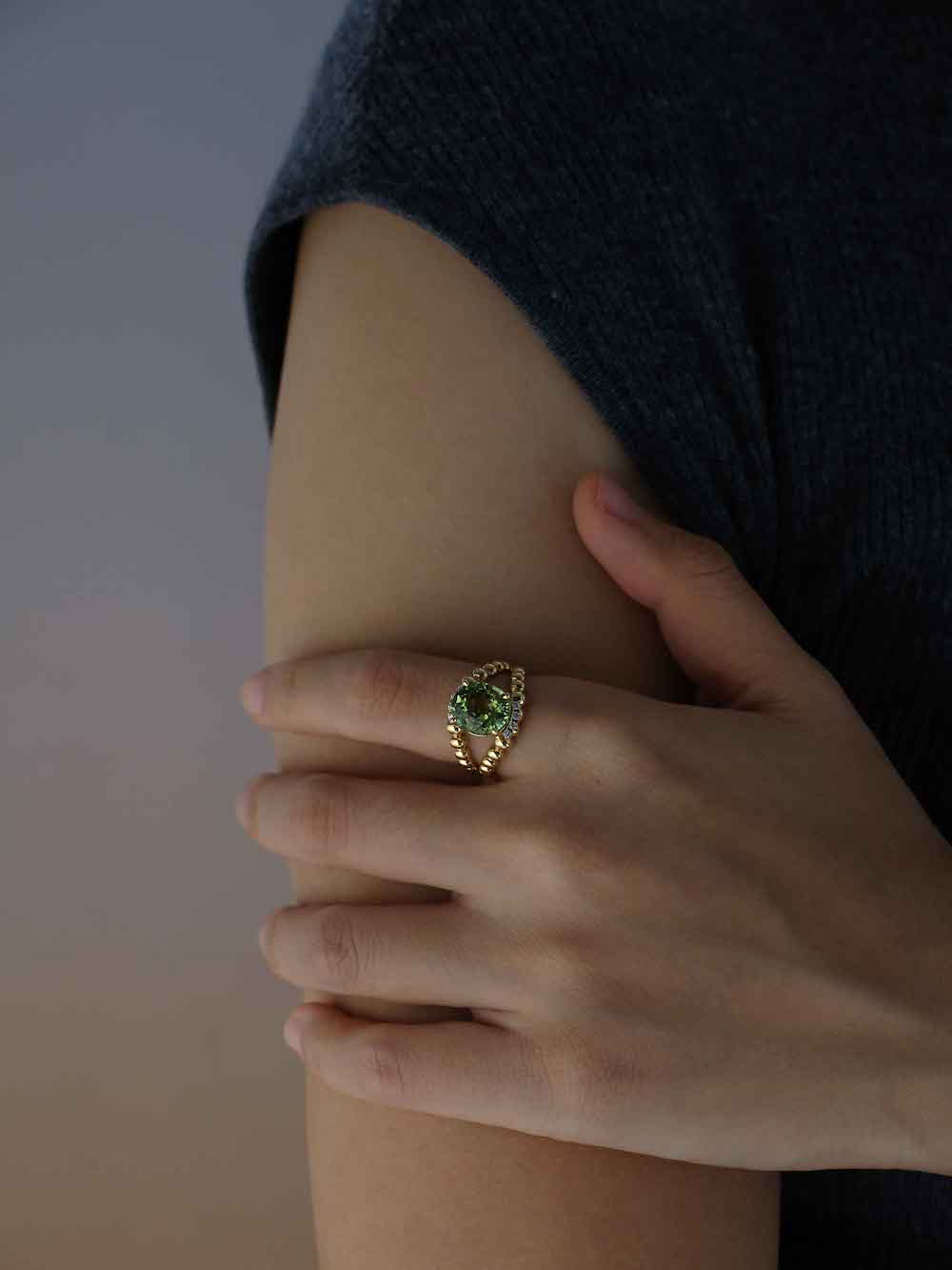 Green Tourmaline Diamond Dotted Ring