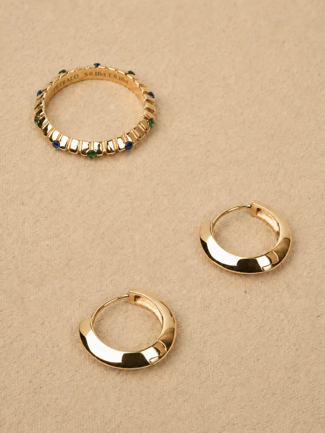 Juno gemstone ring styled with huggie hoop earrings