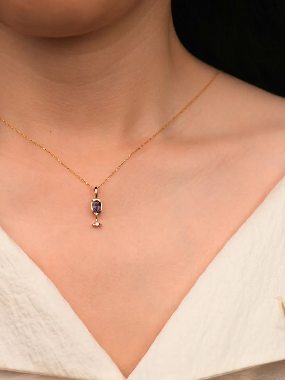 14k solid gold MERLOT Purple Spinel Wine Glass Pendant Necklace by PETRALO