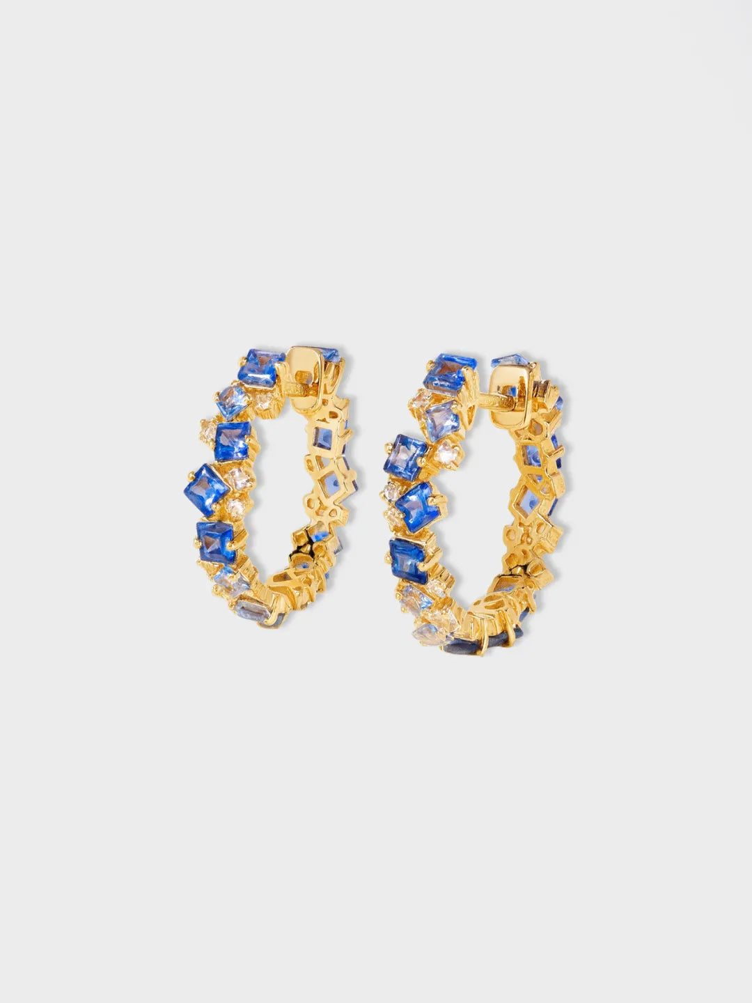 18k solid gold hoop earrings with blue sapphires and diamonds by PETRALO