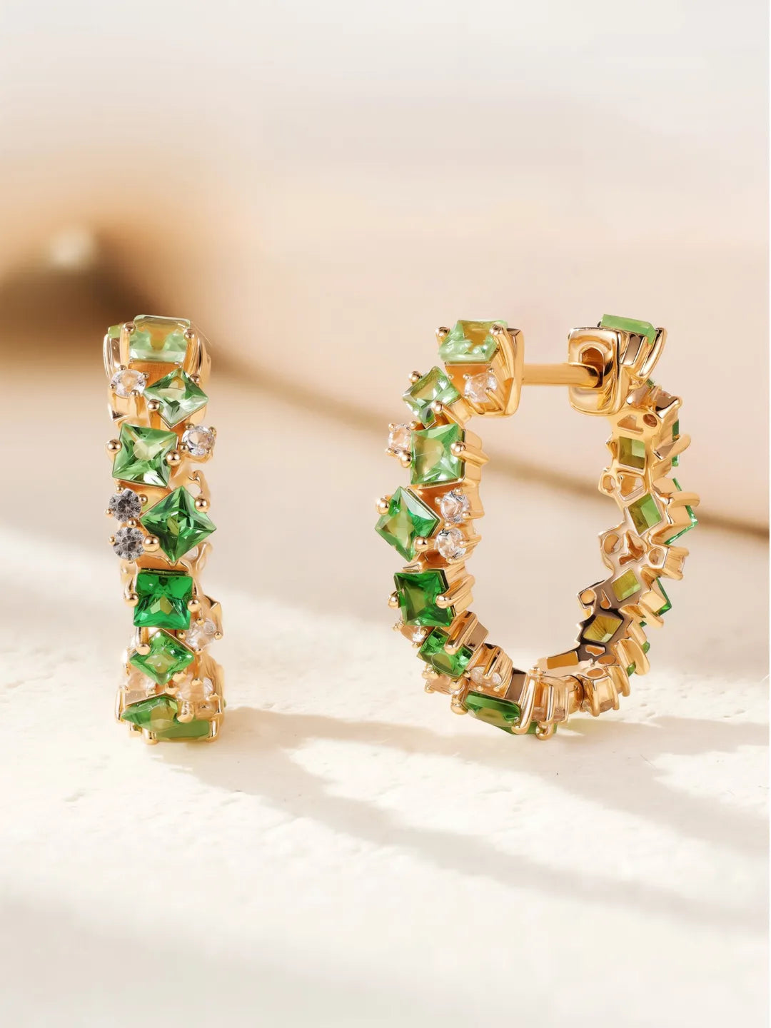 18k solid gold hoop earrings with tsavorites and diamonds by PETRALO