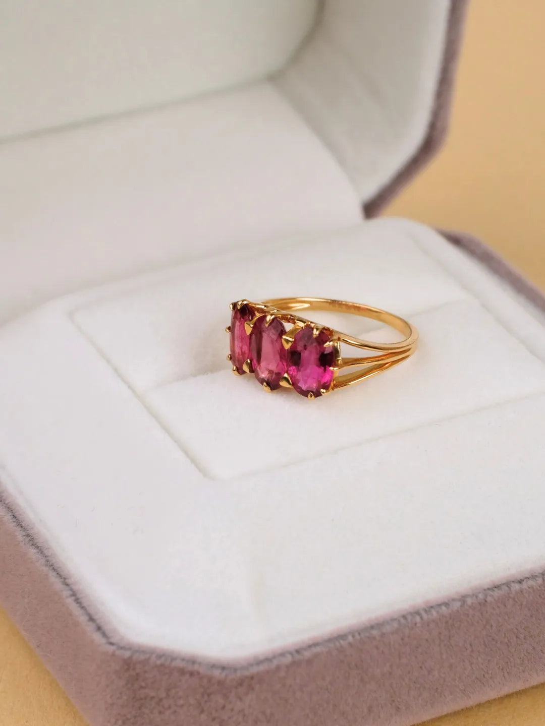 Rubellite Tourmaline Trilogy Ring in 18k solid gold