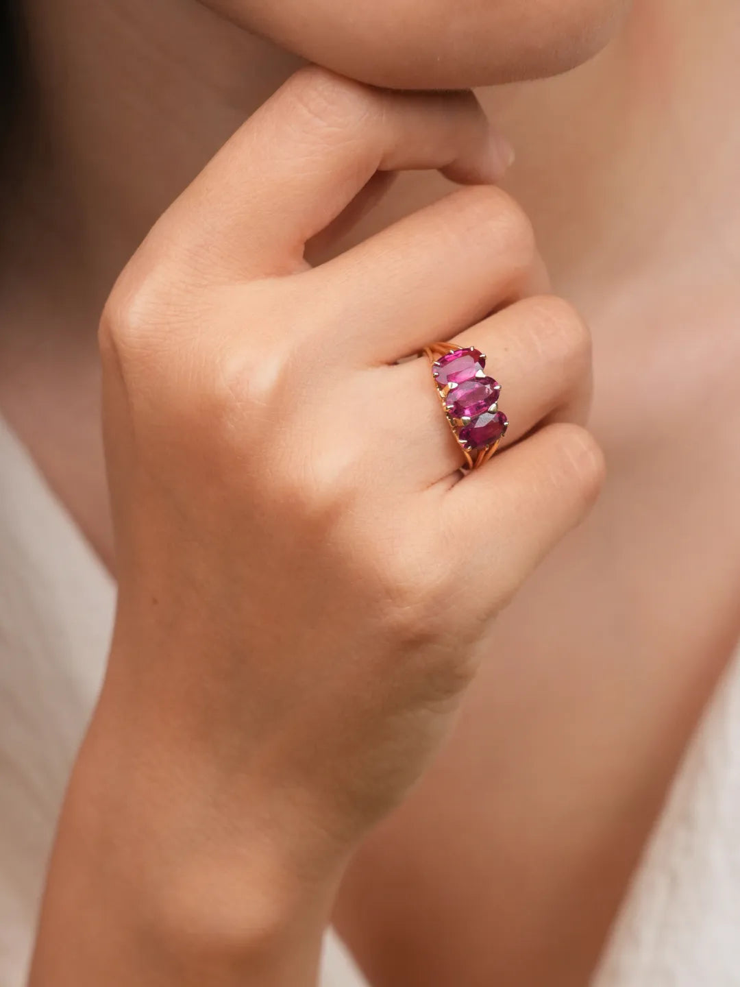 Rubellite Tourmaline Trilogy Ring in 18k solid gold