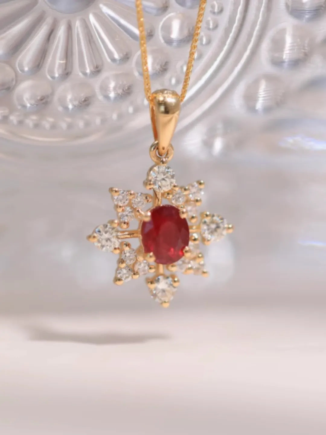Snowflake Ruby and Diamond Necklace/Pendant, 14k/18k solid gold